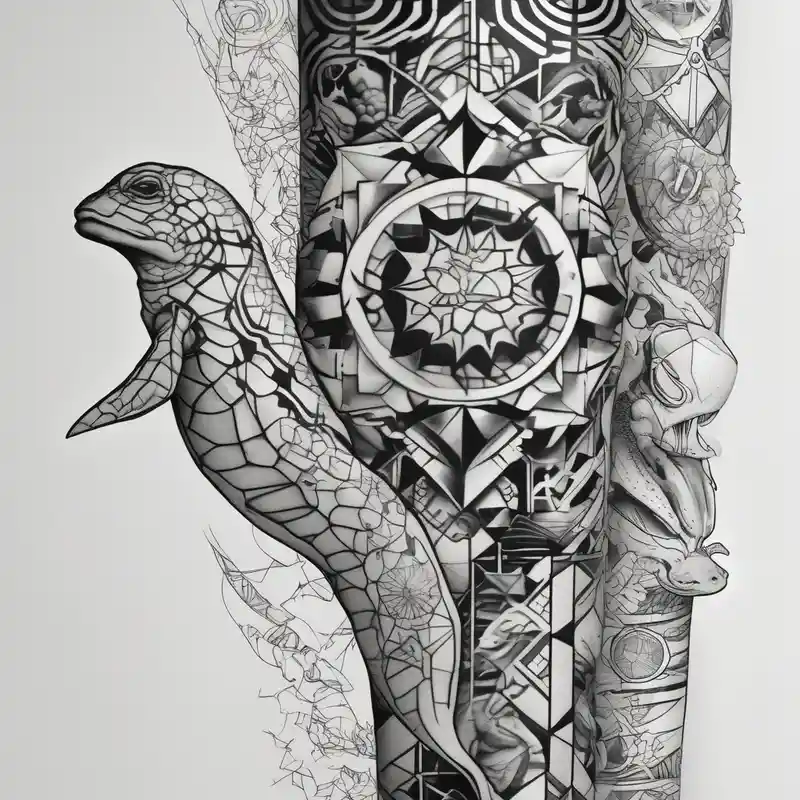 Turtles dolphins sea horse wrapping around the leg – Geométrico, Blanco y negro