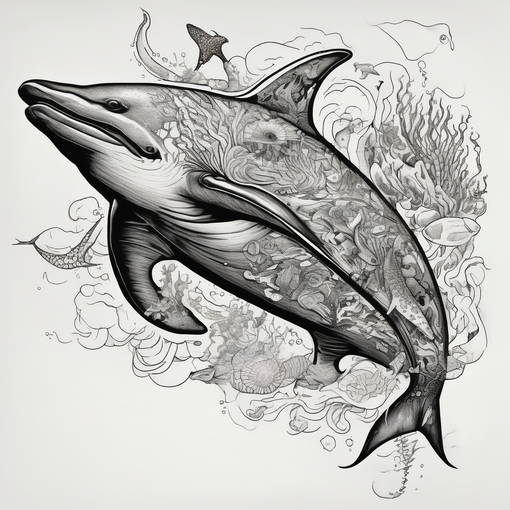 Dolphin, hammerhead, epaulette shark, coral, sea lion, turtle, octopus, fish, crabs, spotted eagle ray, underwater ocean scene, diver, queen angelfish, yellow tang, ocean, AI-generated Blackwork tattoo design
