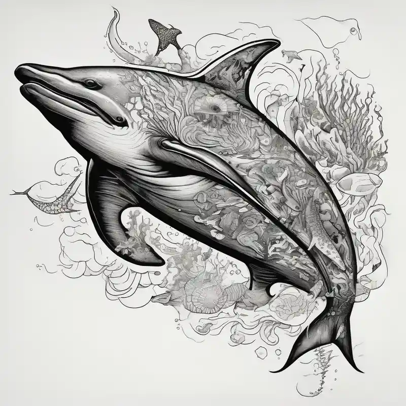Dolphin, hammerhead, epaulette shark, coral, sea lion, turtle, octopus, fish, crabs, spotted eagle ray, underwater ocean – Blackwork, Colores vivos