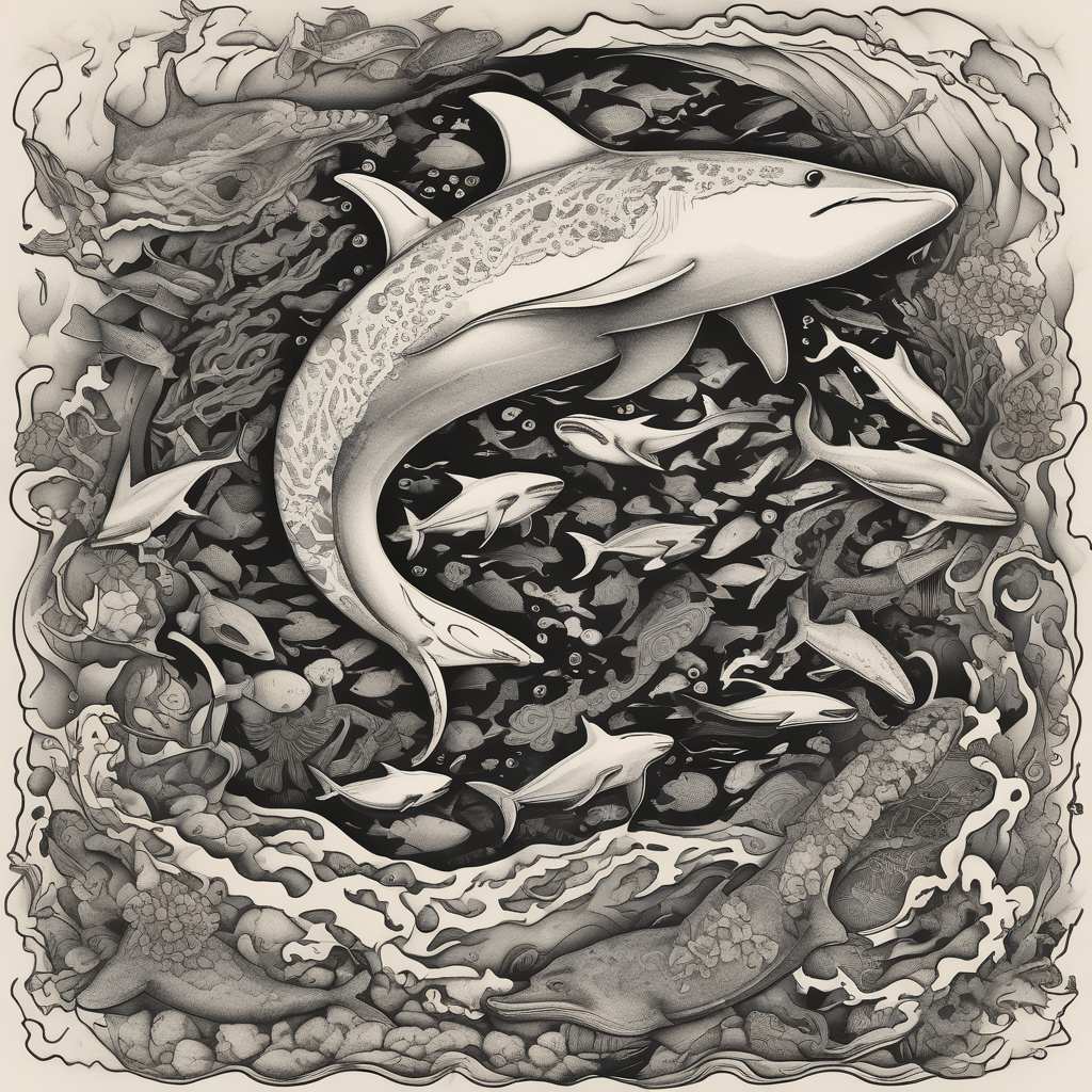 Dolphin, hammerhead, epaulette shark, coral, sea lion, turtle, octopus, fish, crabs, spotted eagle ray, underwater ocean scene, diver, queen angelfish, yellow tang, ocean, diseño de tatuaje Japonés generado con IA