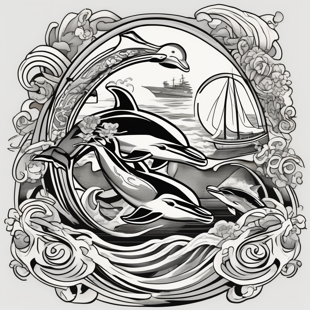 dolphins playing next to a yacht, diseño de tatuaje Japonés generado con IA