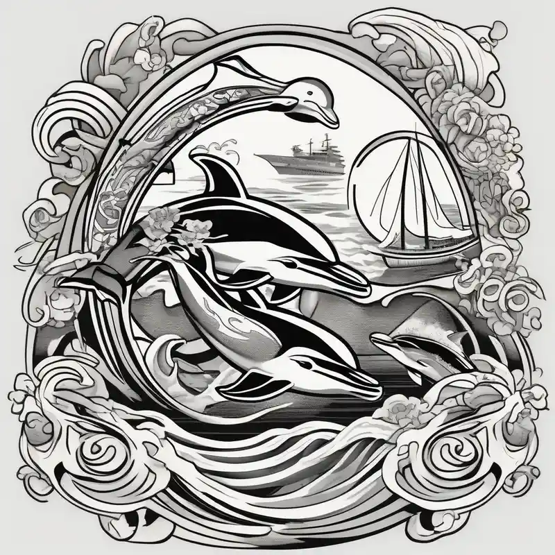 dolphins playing next to a yacht – Japonés, Blanco y negro