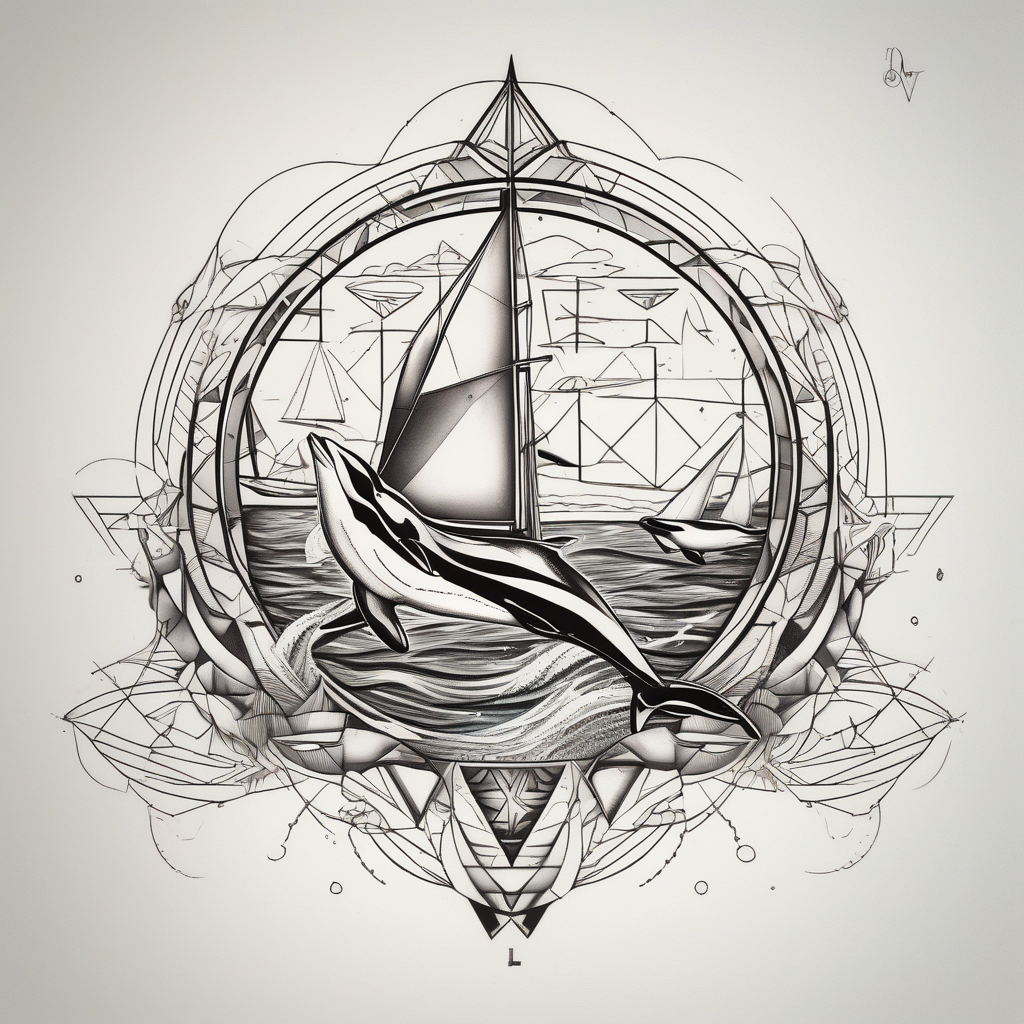 dolphins playing next to a yacht, AI-generated Geometric tattoo design