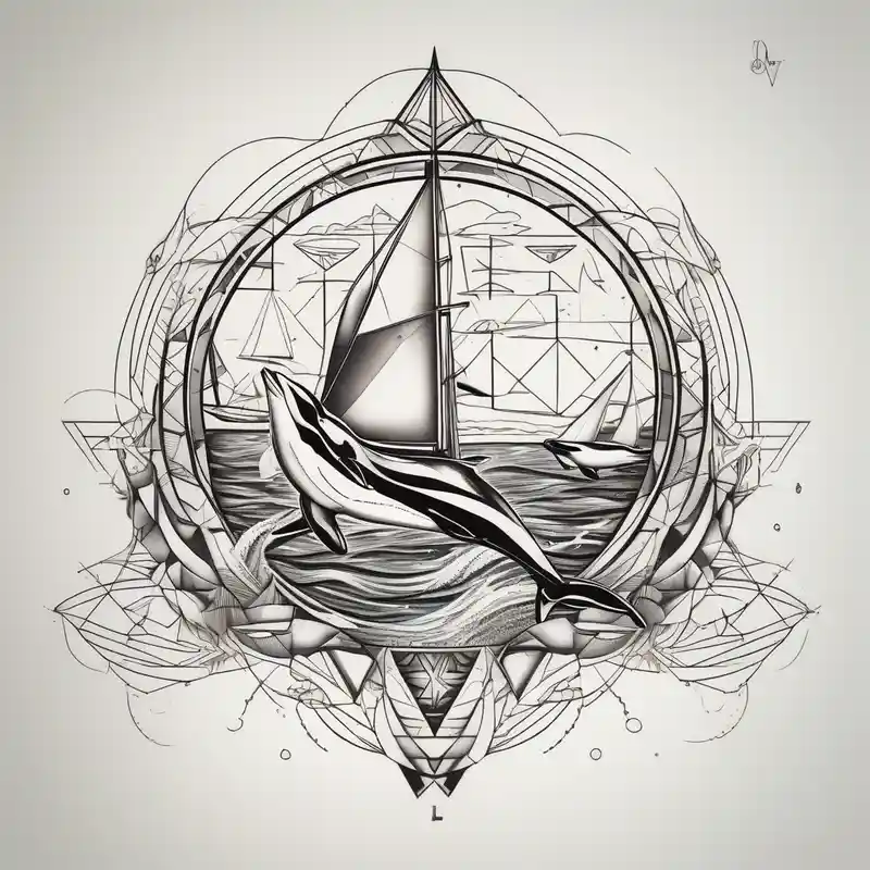 dolphins playing next to a yacht – Geométrico, Blanco y negro