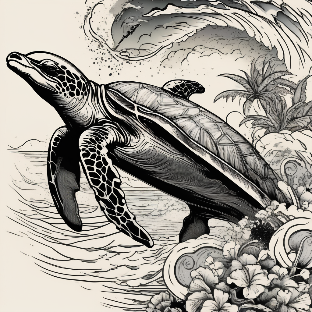 Ocean vibes with palm trees and sea turtles and dolphins, AI-generated Japanese tattoo design