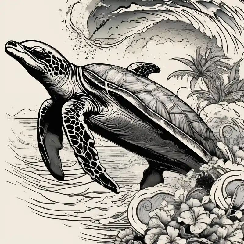 Ocean vibes with palm trees and sea turtles and dolphins