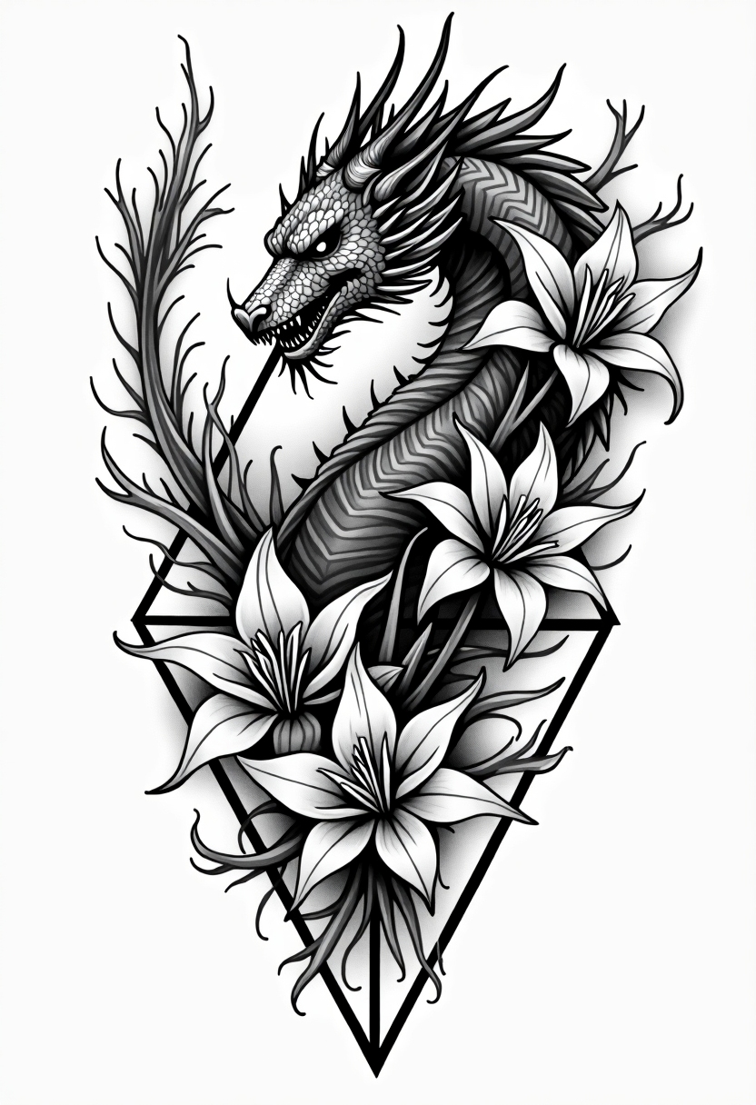 Dragon with Spider lilies surrounding it, AI-generated Geometric tattoo design