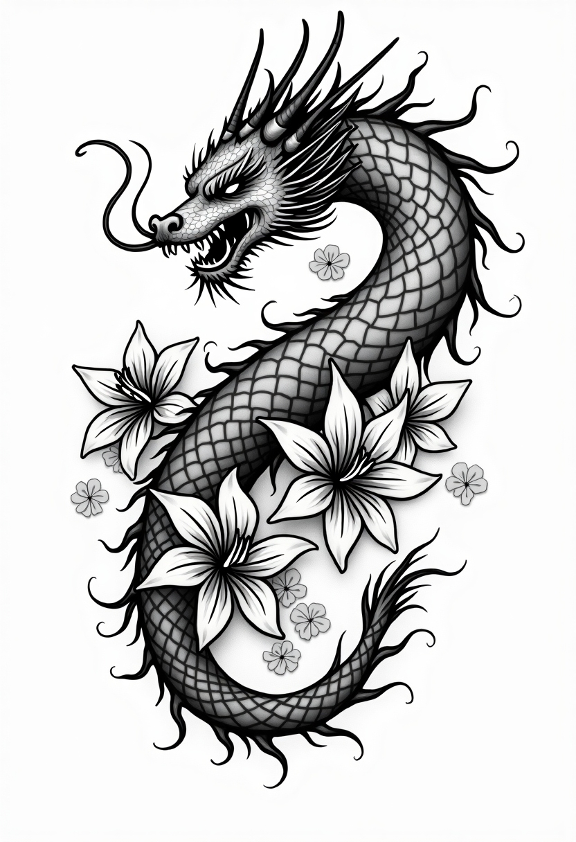 Dragon with Spider lilies surrounding it, AI-generated Japanese tattoo design