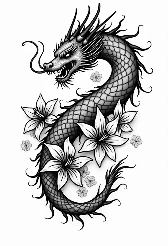 Dragon with Spider lilies surrounding it – Japanese, Black and white