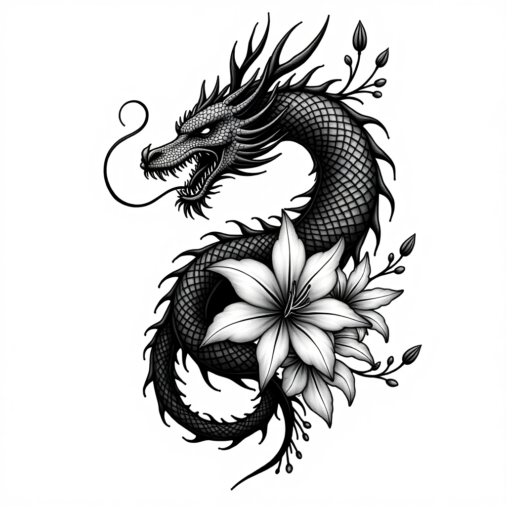 Dragon with Spider lilies surrounding it, AI-generated Blackwork tattoo design