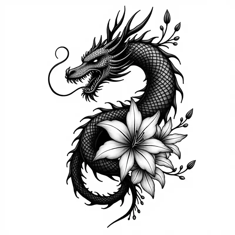 Dragon with Spider lilies surrounding it – Blackwork, Black and white