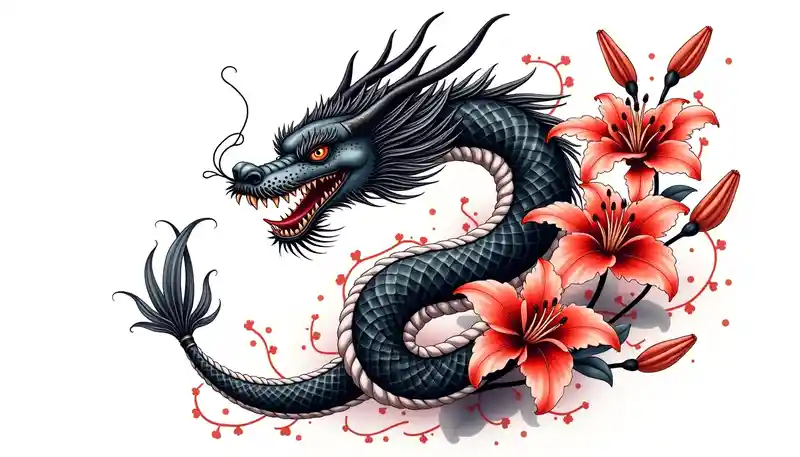 full Dragon with red Spider lilies surrounding it – Japanese, Vibrant color