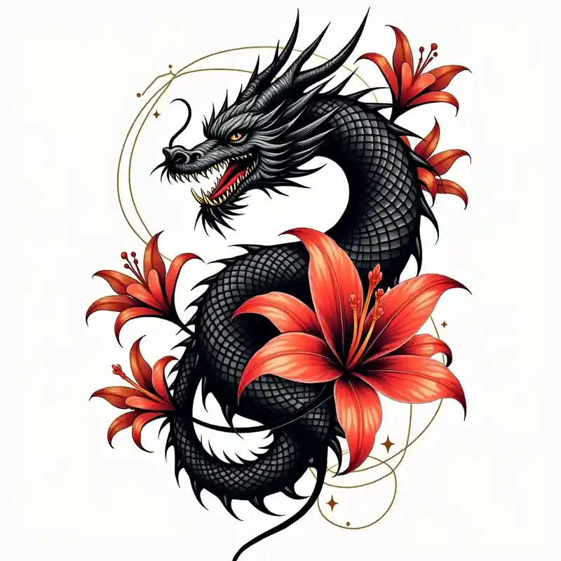 full Dragon with red Spider lilies surrounding it – Geometric, Black and white
