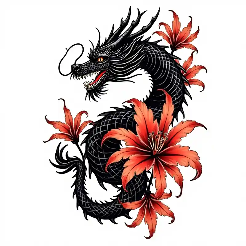 full Dragon with red Spider lilies surrounding it