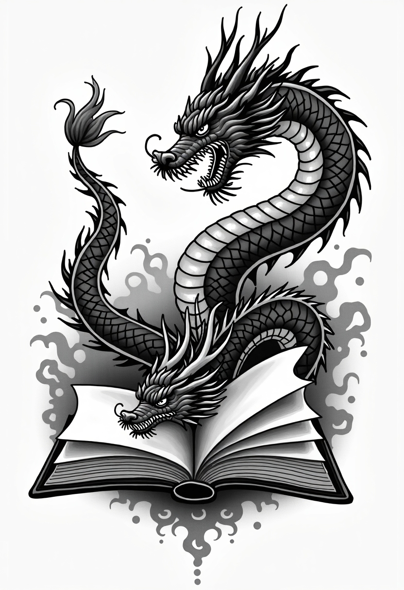 Open book, coming to life, whimsical, dragons, design de tatouage Japonais généré par IA