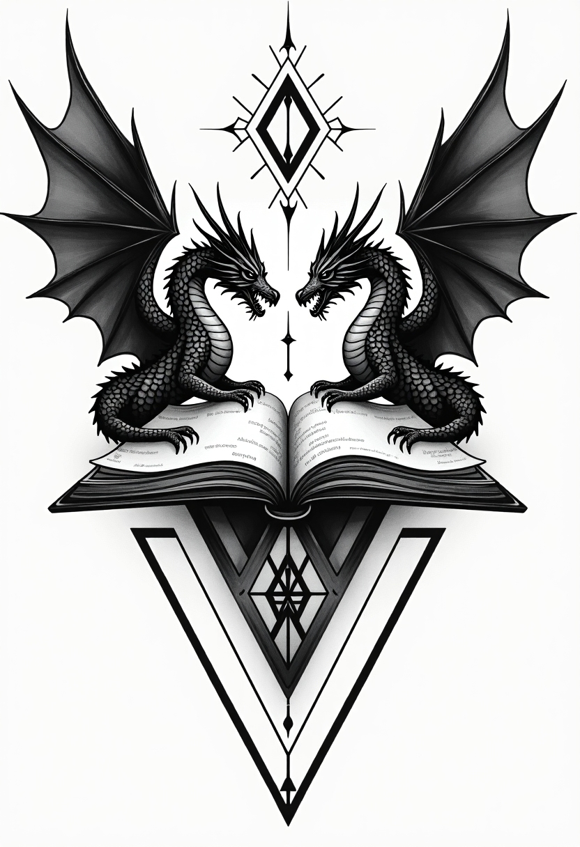 Open book, coming to life, whimsical, dragons, design de tatouage Géométrique généré par IA