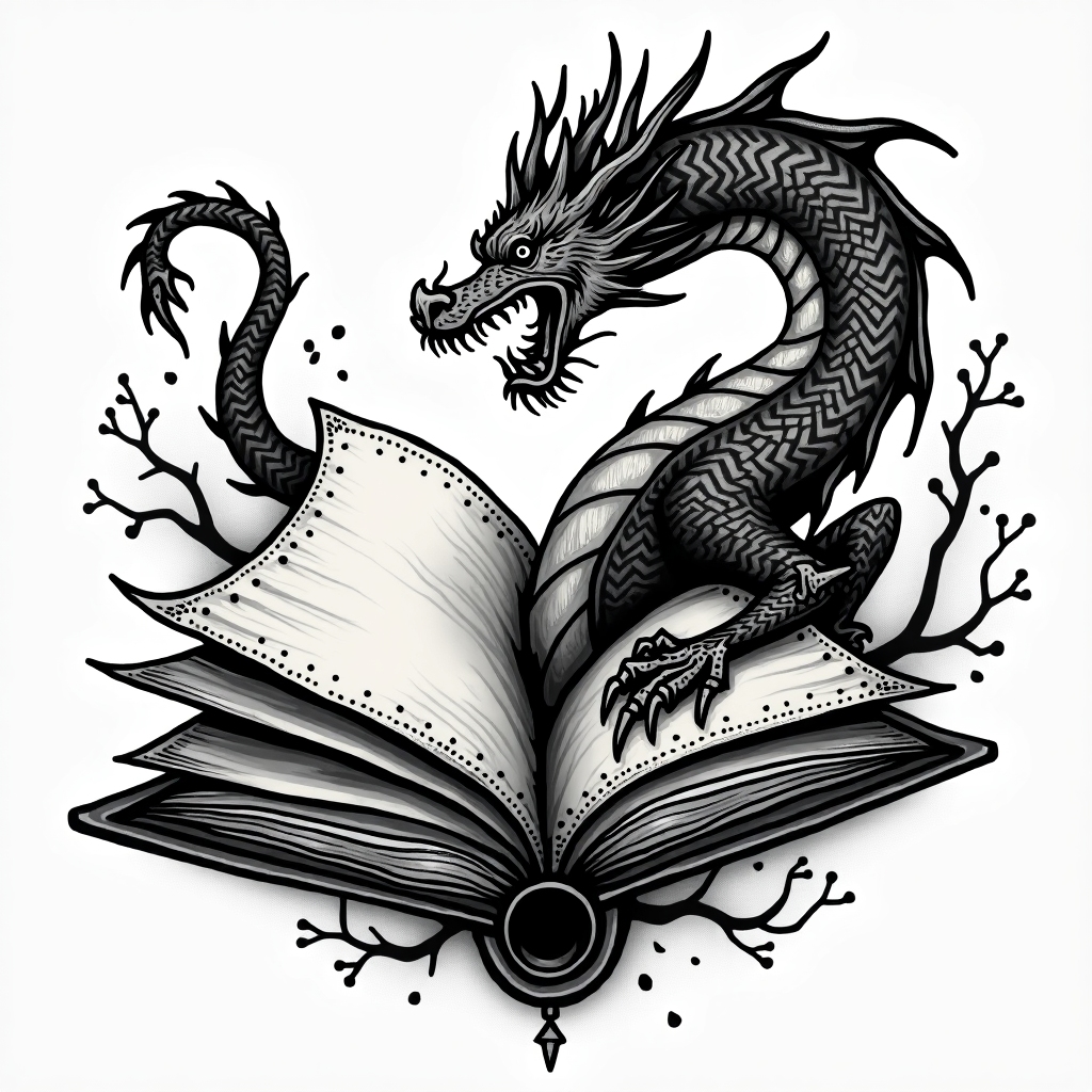 Open book, coming to life, whimsical, dragons(AIが生成したブラックワークスタイルのタトゥーデザイン)
