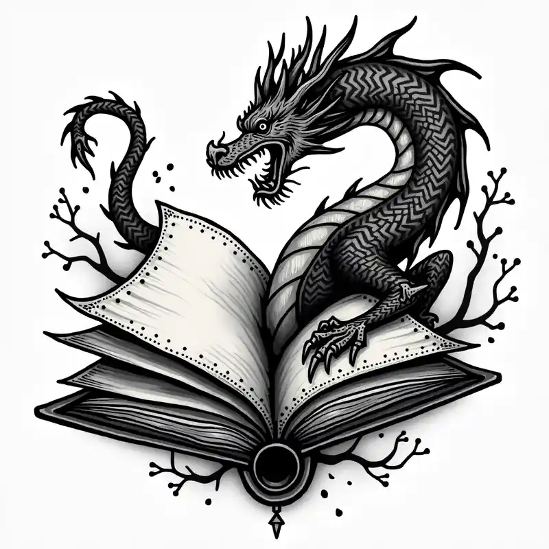 Open book, coming to life, whimsical, dragons – Blackwork, Noir et blanc