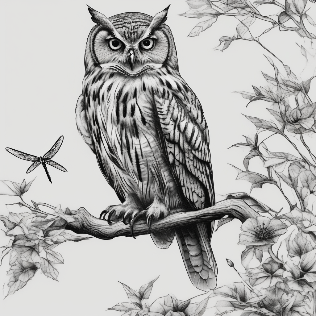 Owl perched on a tree branch, dragonfly in the background(AIが生成したリアリズムスタイルのタトゥーデザイン)