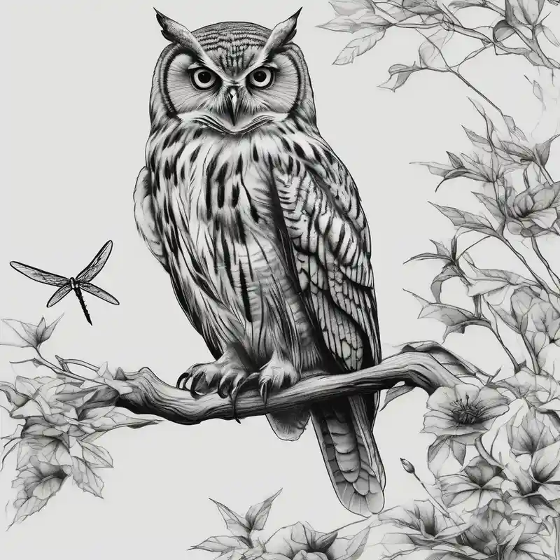 realistic style Dragon Tattoo Ideas in 2025 & free generation about Owl perched on a tree branch and dragonfly in the background