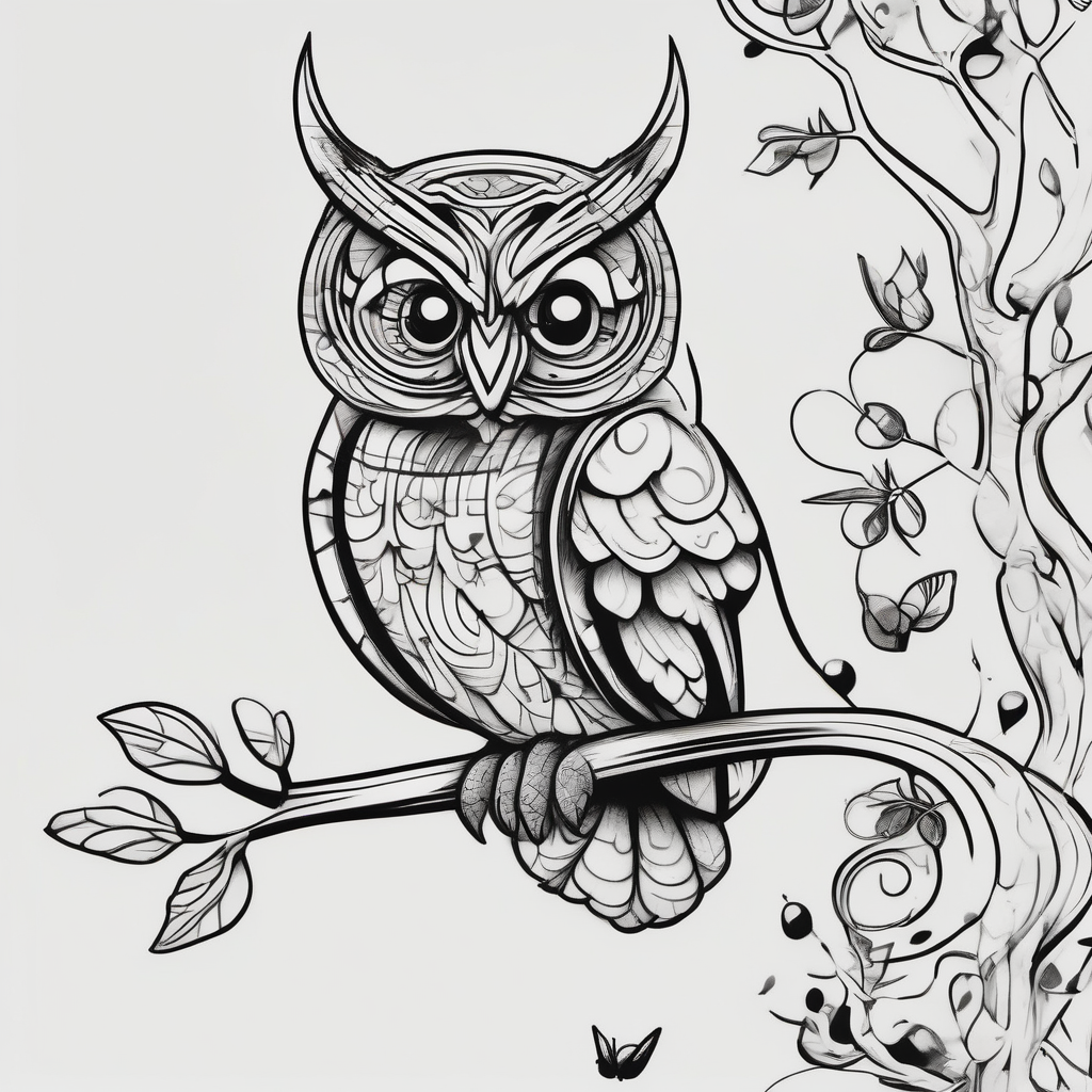 Owl perched on a tree branch, dragonfly in the background, diseño de tatuaje Cartoon generado con IA