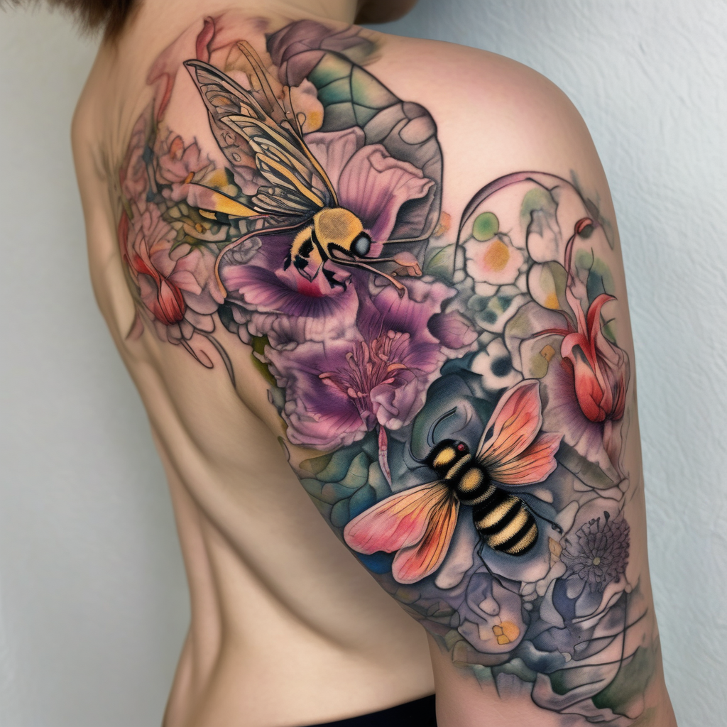 Calia Lily, rose, gadiolus, carnation,Narcissus,poppy, aster, violet ,chrysanthemum, lily of the valley and water lily sleeve on upper arm and shoulder with bumblebees and dragonflies on skin dragonfly, diseño de tatuaje Acuarela generado con IA