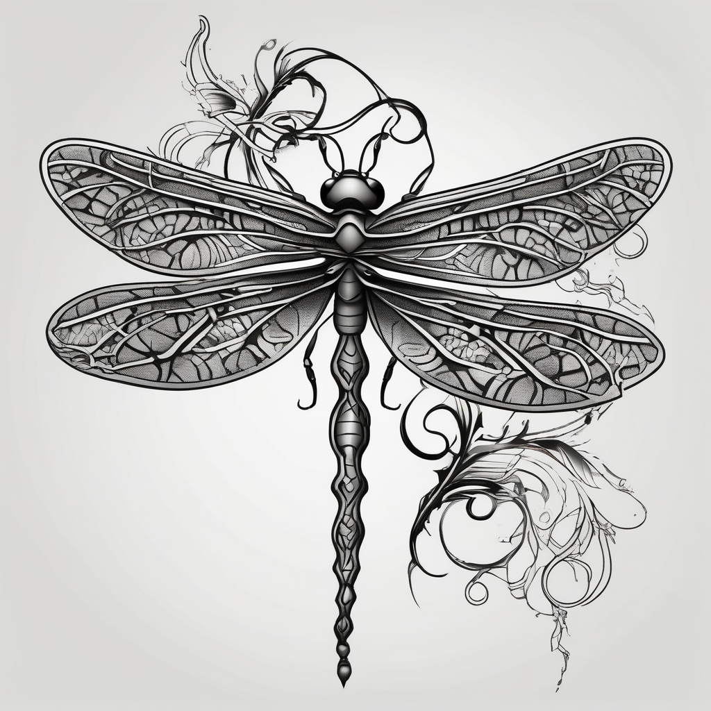 Wrap around vine with dragonfly, AI-generated Blackwork tattoo design