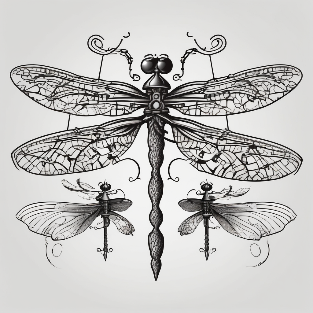2 Dragonflies one with a lock as the chest and the other has a key for the tail fine black line style dragonfly, AI-generated Cartoon tattoo design