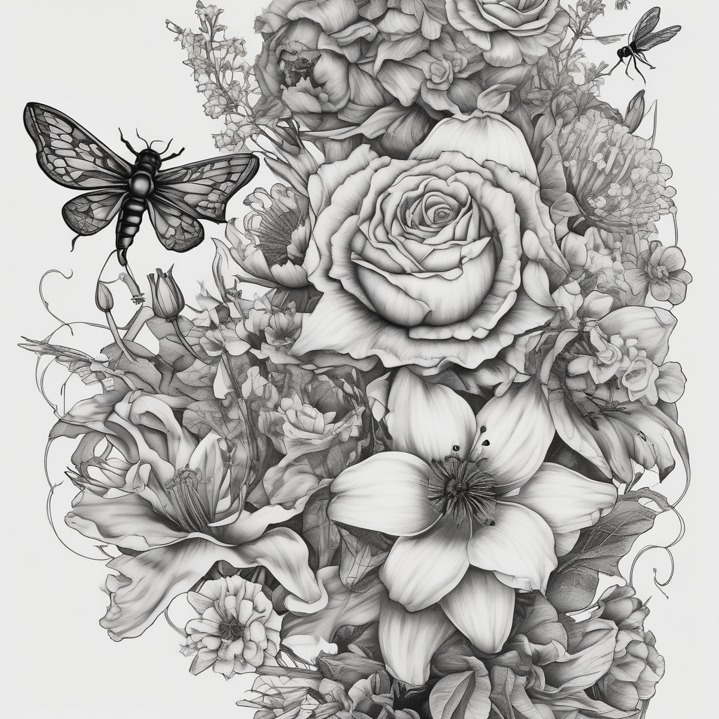 Calia Lily, rose, gadiolus, carnation,Narcissus,poppy, aster, violet ,chrysanthemum, lily of the valley and water lily sleeve on upper arm and shoulder with bumblebees and dragonflies on skin dragonfly, diseño de tatuaje Surrealista generado con IA