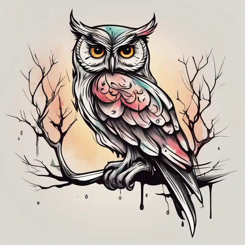 watercolor style Dragon Tattoo Ideas in 2025 & free generation about Cartoon style owl and perched on a branch