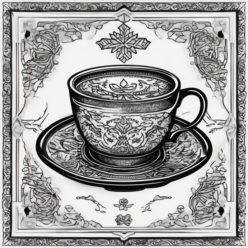 The outside should look like a stamp. So a stylus edge and a square and on the inside there should be a drawing of a Turkish teacup, i.e. a chai. Der rand ist wichtig die Tasse muss im Viereck sein drawings(AIが生成したブラックワークスタイルのタトゥーデザイン)