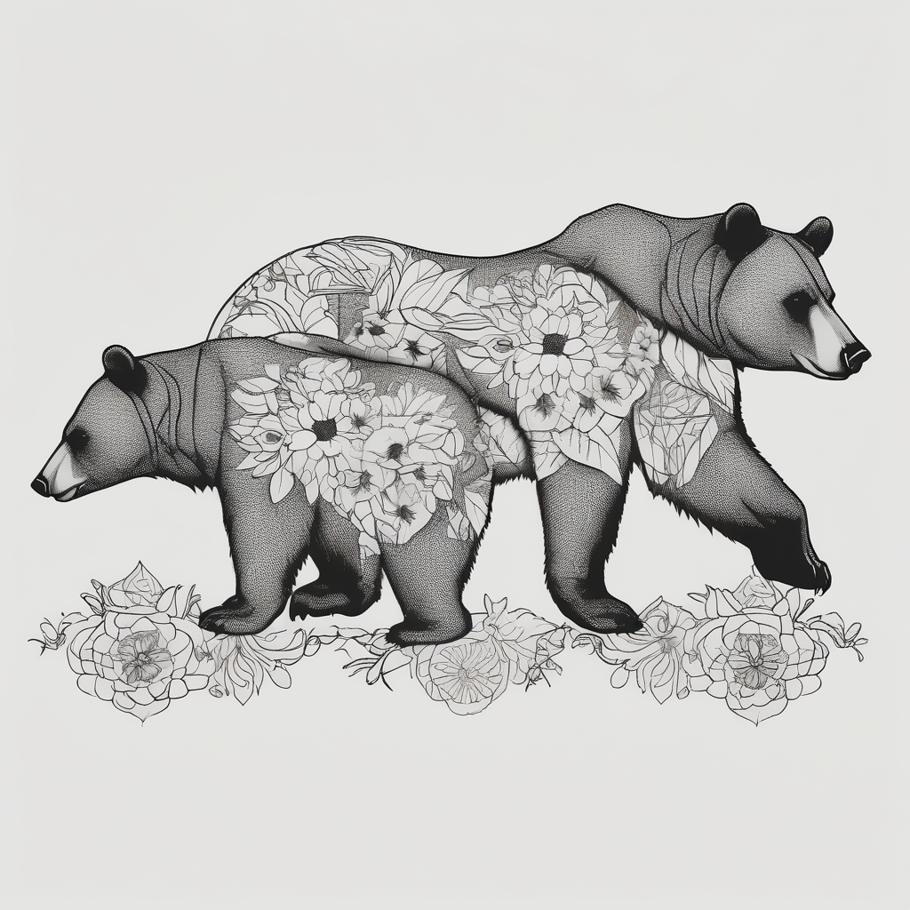 Outline drawing of the profile of a mama bear followed by three cubs in a line. The four bears are connected together with a delicate floral pattern. drawings(AIが生成したブラックワークスタイルのタトゥーデザイン)