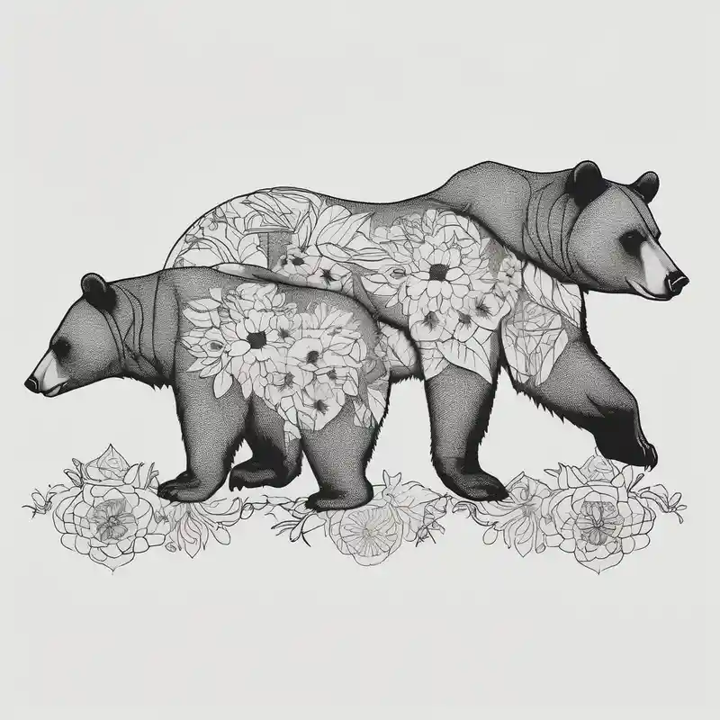 Outline drawing of the profile of a mama bear followed by three cubs in a line. The four bears are connected together with a – Blackwork, Black and white