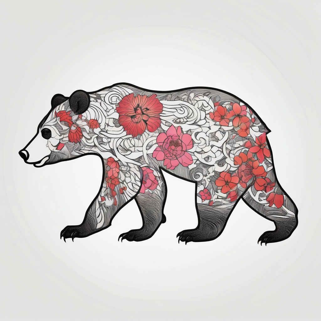 Outline drawing of the profile of a mama bear followed by three cubs in a line. The four bears are connected together with a delicate floral pattern. drawings, AI-generated Japanese tattoo design