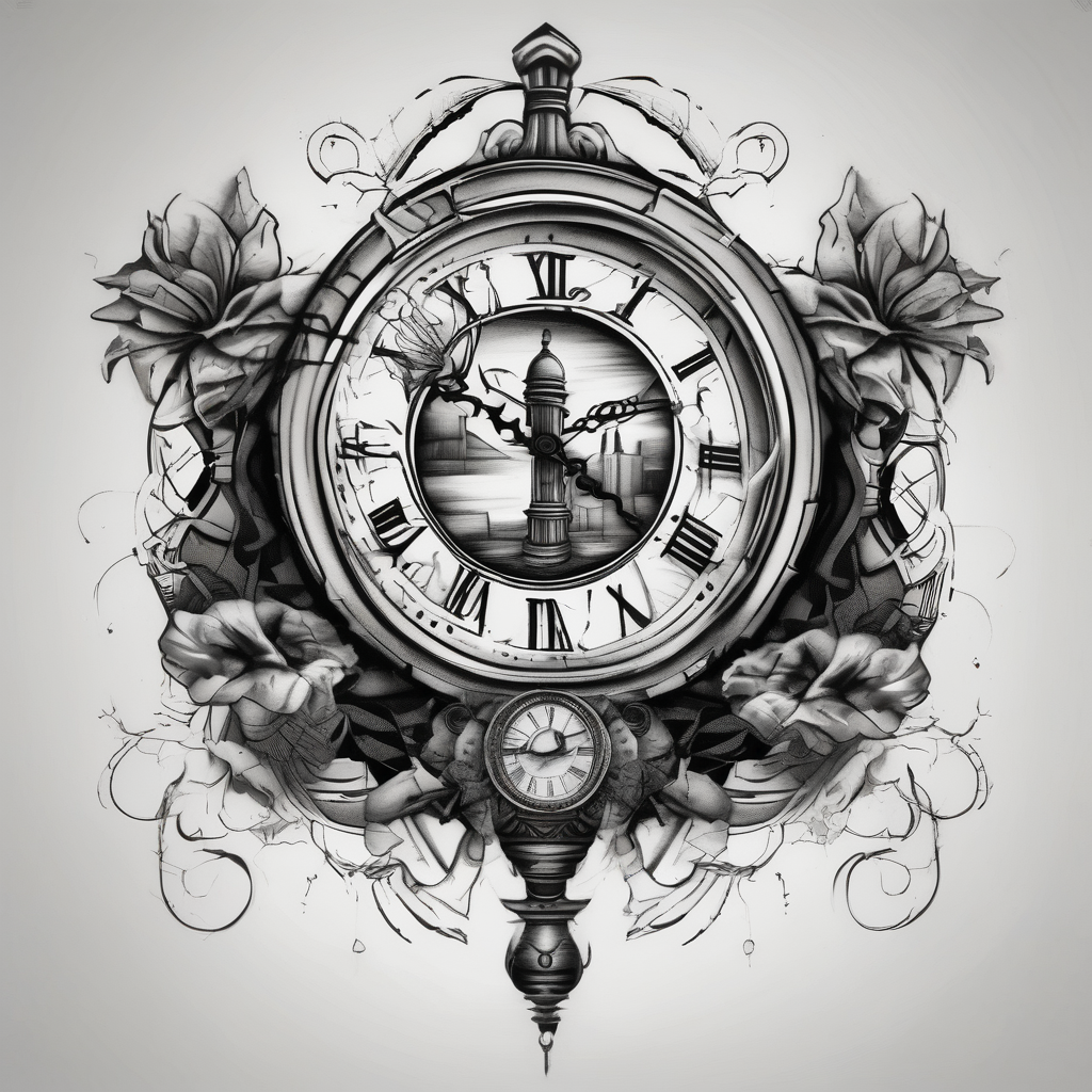 draw a clock/hourglass. They are surrounded by Roman numerals. It is a black and white tattoo for the right shoulder of a man drawings, AI-generated Blackwork tattoo design