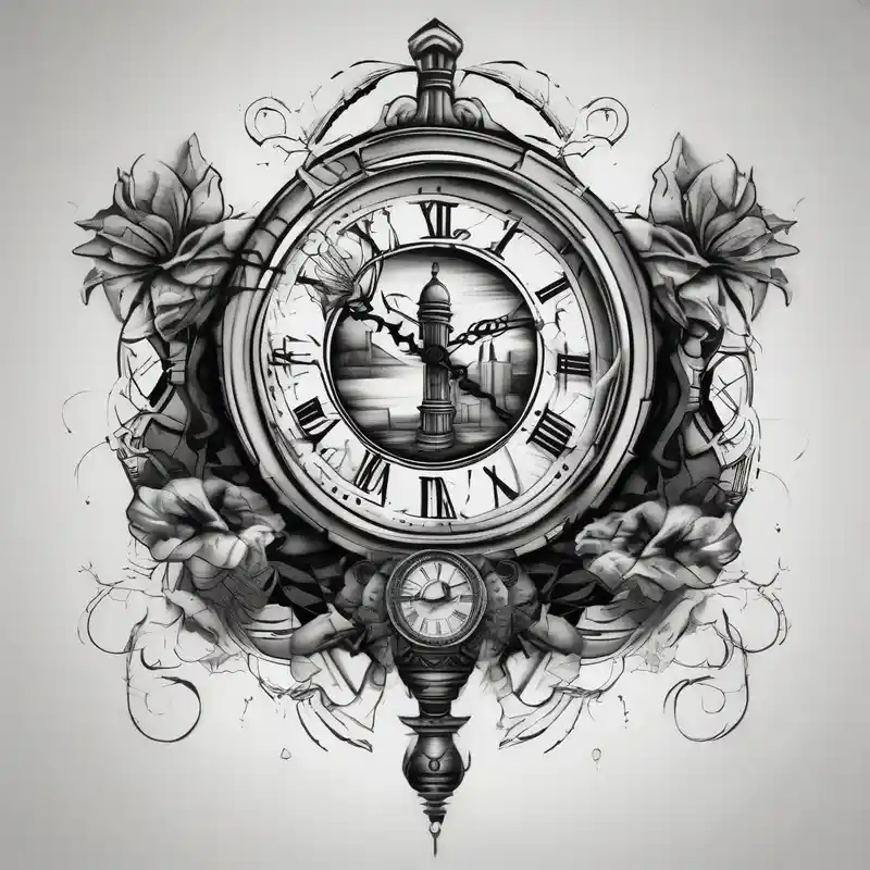 draw a clock/hourglass. They are surrounded by Roman numerals. It is a black and white tattoo for the right shoulder of a man – Blackwork, Vibrant color