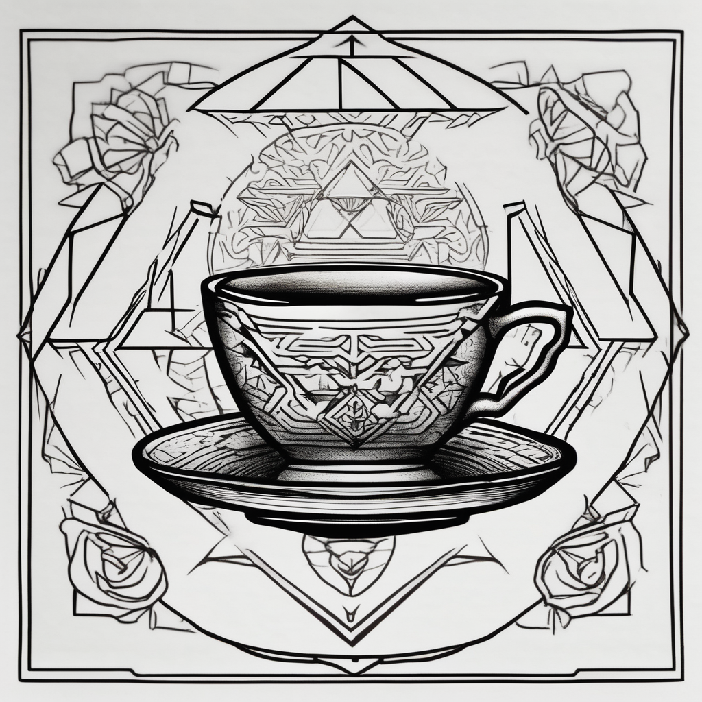 The outside should look like a stamp. So a stylus edge and a square and on the inside there should be a drawing of a Turkish teacup, i.e. a chai. Der rand ist wichtig die Tasse muss im Viereck sein drawings, AI-generated Geometric tattoo design