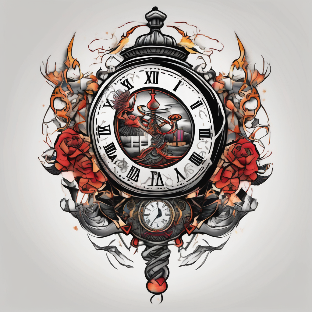 draw a clock/hourglass. They are surrounded by Roman numerals. It is a black and white tattoo for the right shoulder of a man drawings, AI-generated Japanese tattoo design