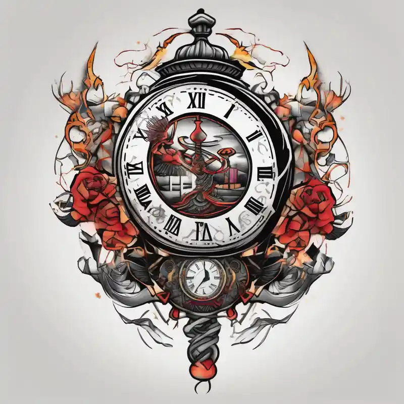 draw a clock/hourglass. They are surrounded by Roman numerals. It is a black and white tattoo for the right shoulder of a man