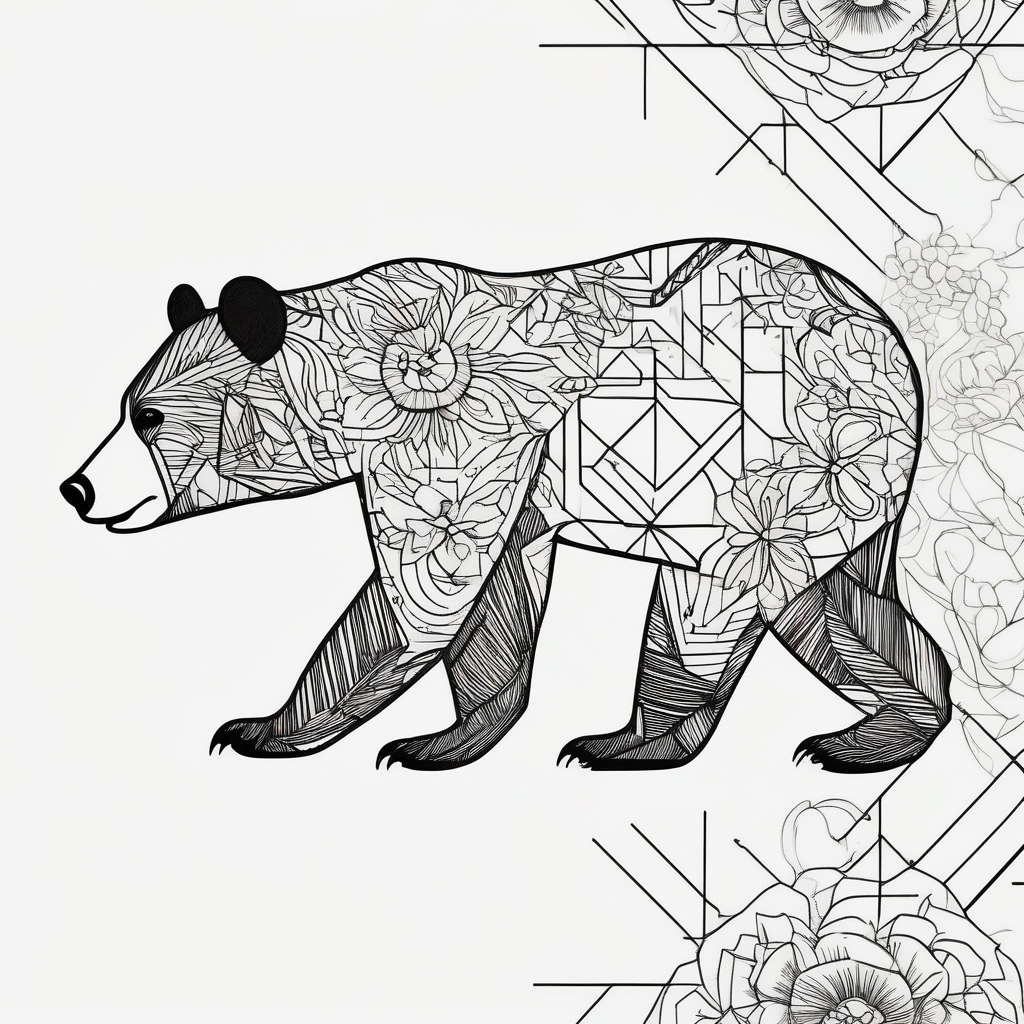 Outline drawing of the profile of a mama bear followed by three cubs in a line. The four bears are connected together with a delicate floral pattern. drawings(AIが生成したジオメトリックスタイルのタトゥーデザイン)