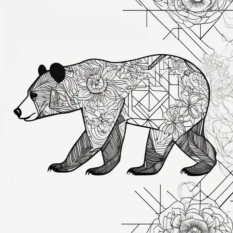 Outline drawing of the profile of a mama bear followed by three cubs in a line. The four bears are connected together with a – Geometric, Vibrant color