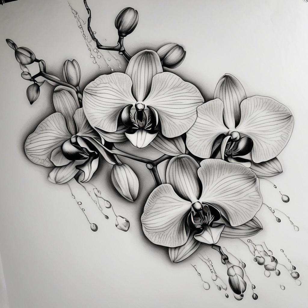 Draw of three fine line orchids different size realistic, the central part resembles a vagina. Are connected with branches that appears a mix with drops and seeds ed-tiger-lilly-is-fun-size-for-a-reason, design de tatouage Réaliste généré par IA