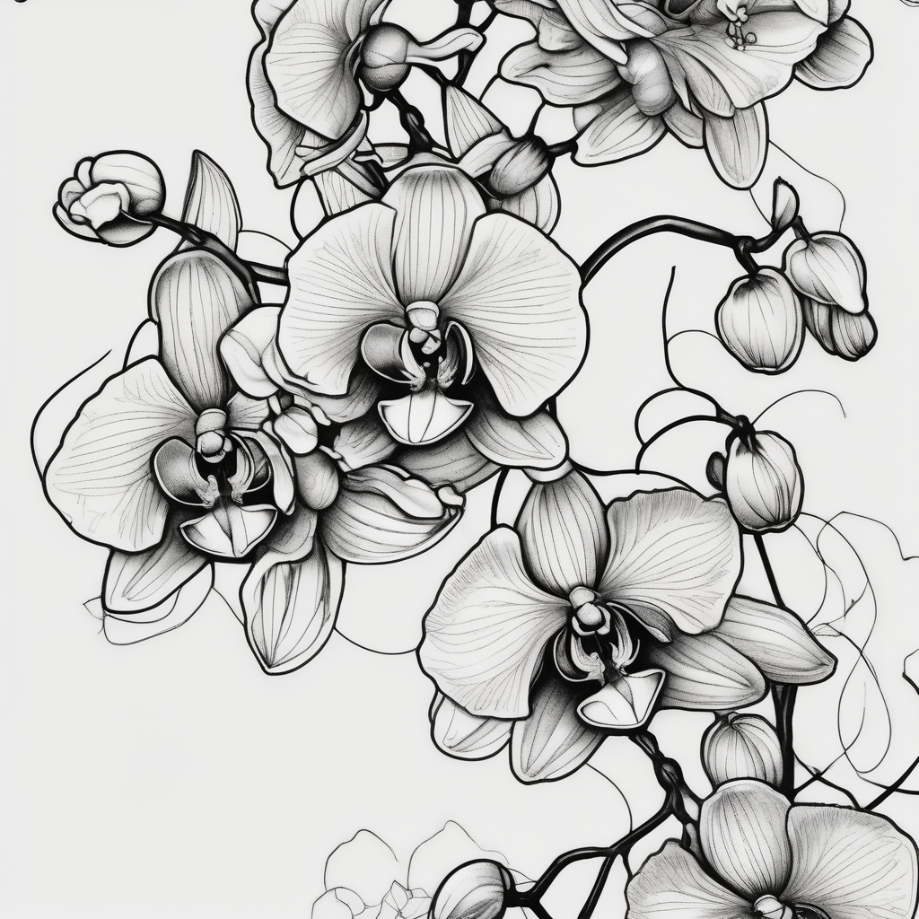 Five delicate fine line orchids different size realistic and a mix of vagina. Are connected with branches ed-tiger-lilly-is-fun-size-for-a-reason, design de tatouage Japonais généré par IA