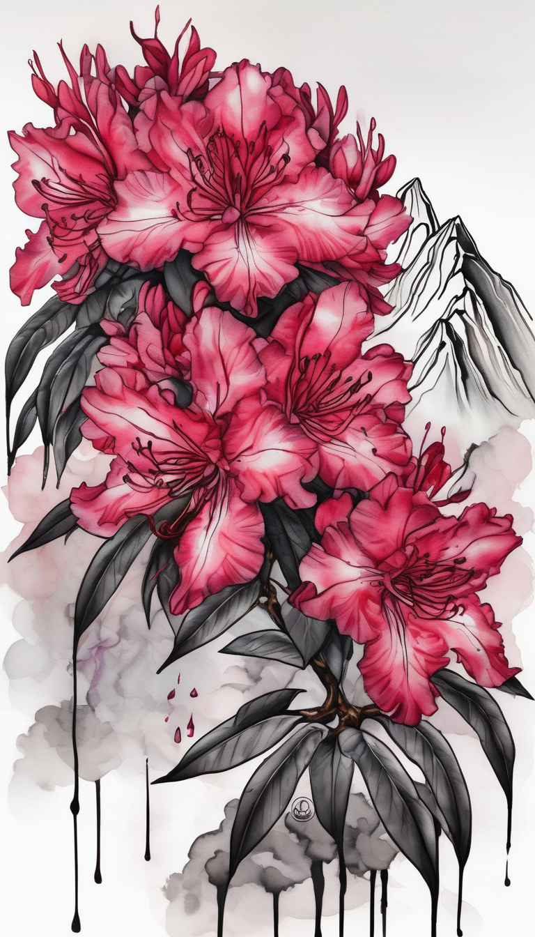 vertical wrist size red and black rhododendron trippy with Himalayas behind ed-tiger-lilly-is-fun-size-for-a-reason, AI-generated Watercolor tattoo design