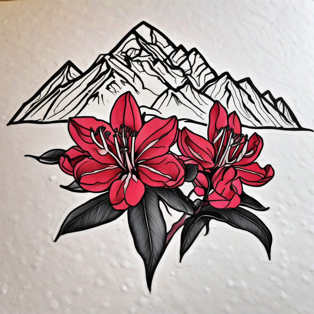 vertical wrist size red and black rhododendron trippy with Himalayas behind ed-tiger-lilly-is-fun-size-for-a-reason, AI-generated Cartoon tattoo design