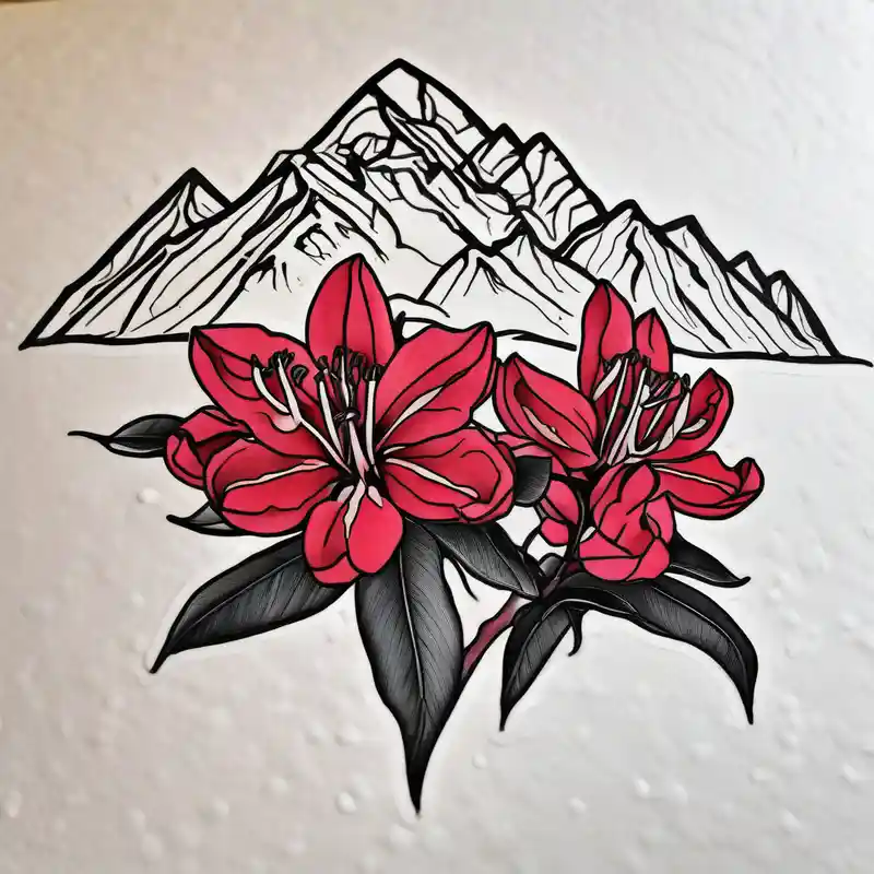 cartoon style Tiger Tattoo Ideas and Designs in 2025 & free generation about vertical wrist size red and black rhododendron trippy with Himalayas behind ed-tiger-lilly-is-fun-size-for-a-reason and vertical wrist size red and black rhododendron trippy with Himalayas behind ed-tiger-lilly-is-fun-size-for-a-reason