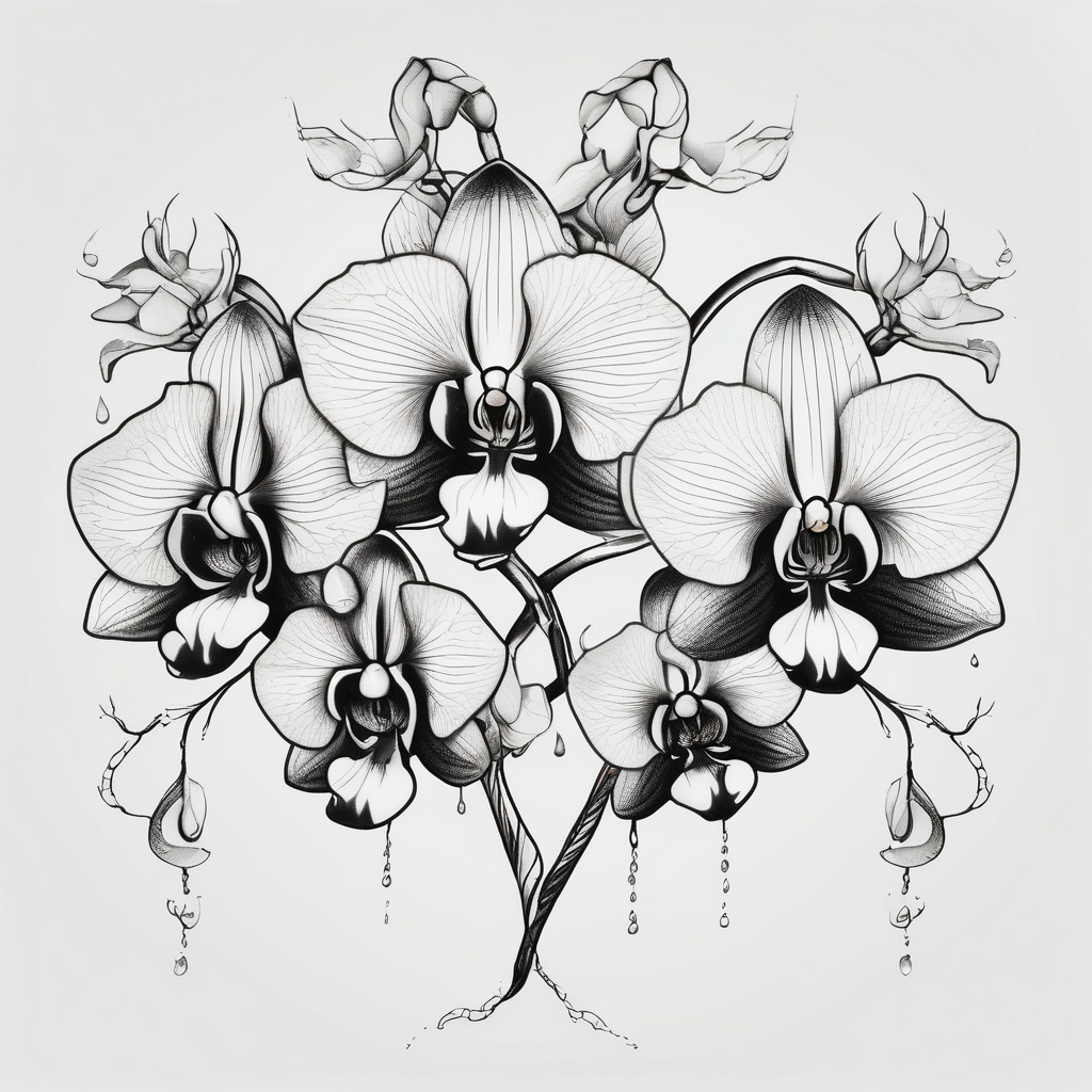 Draw of three fine line orchids different size realistic, the central part resembles a vagina. Are connected with branches that appears a mix with drops and seeds ed-tiger-lilly-is-fun-size-for-a-reason, design de tatouage Dotwork généré par IA