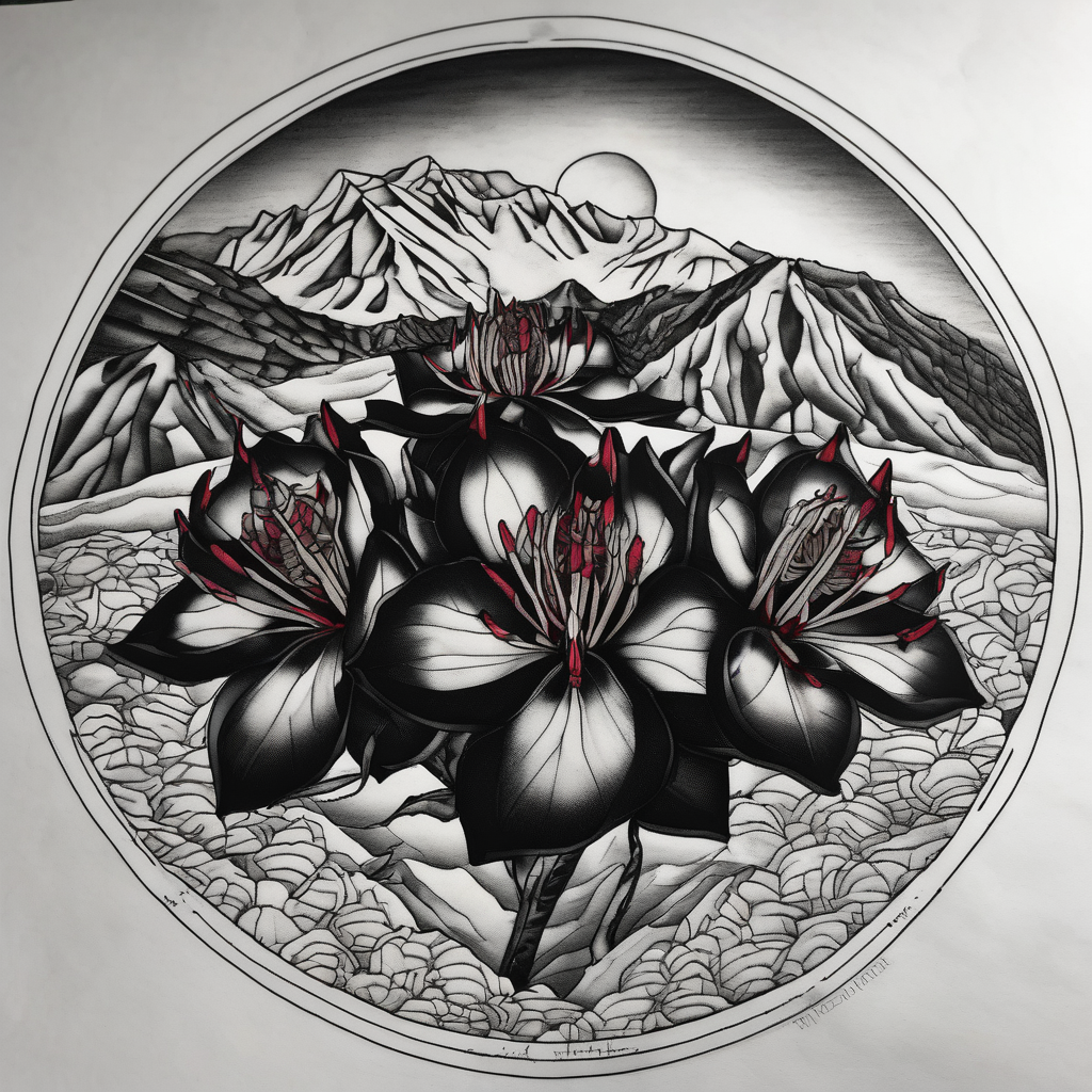 wrist size red and black rhododendron trippy with Himalayas behind ed-tiger-lilly-is-fun-size-for-a-reason, diseño de tatuaje Blackwork generado con IA