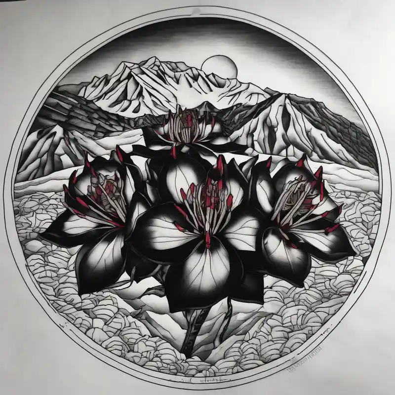 blackwork style Tiger Tattoo Ideas and Designs in 2025 & free generation about wrist size red and black rhododendron trippy with Himalayas behind ed-tiger-lilly-is-fun-size-for-a-reason and wrist size red and black rhododendron trippy with Himalayas behind ed-tiger-lilly-is-fun-size-for-a-reason