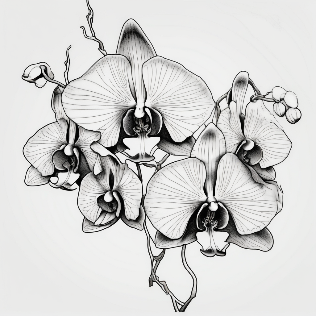 Draw of three fine line orchids different size realistic, the central part resembles a vagina. Are connected with branches ed-tiger-lilly-is-fun-size-for-a-reason, design de tatouage Surréaliste généré par IA